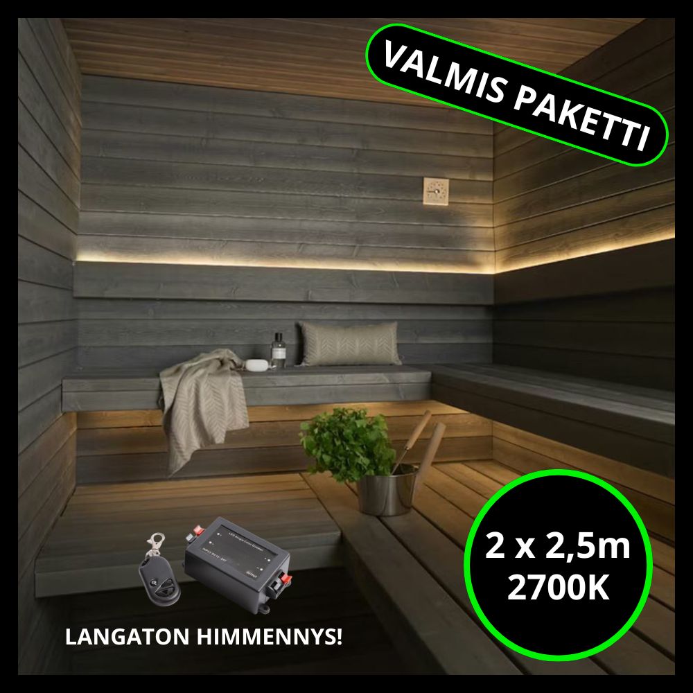 Led-nauhasetti saunaan, 5m, 10W/m, 24V, langattomalla himmentimellä