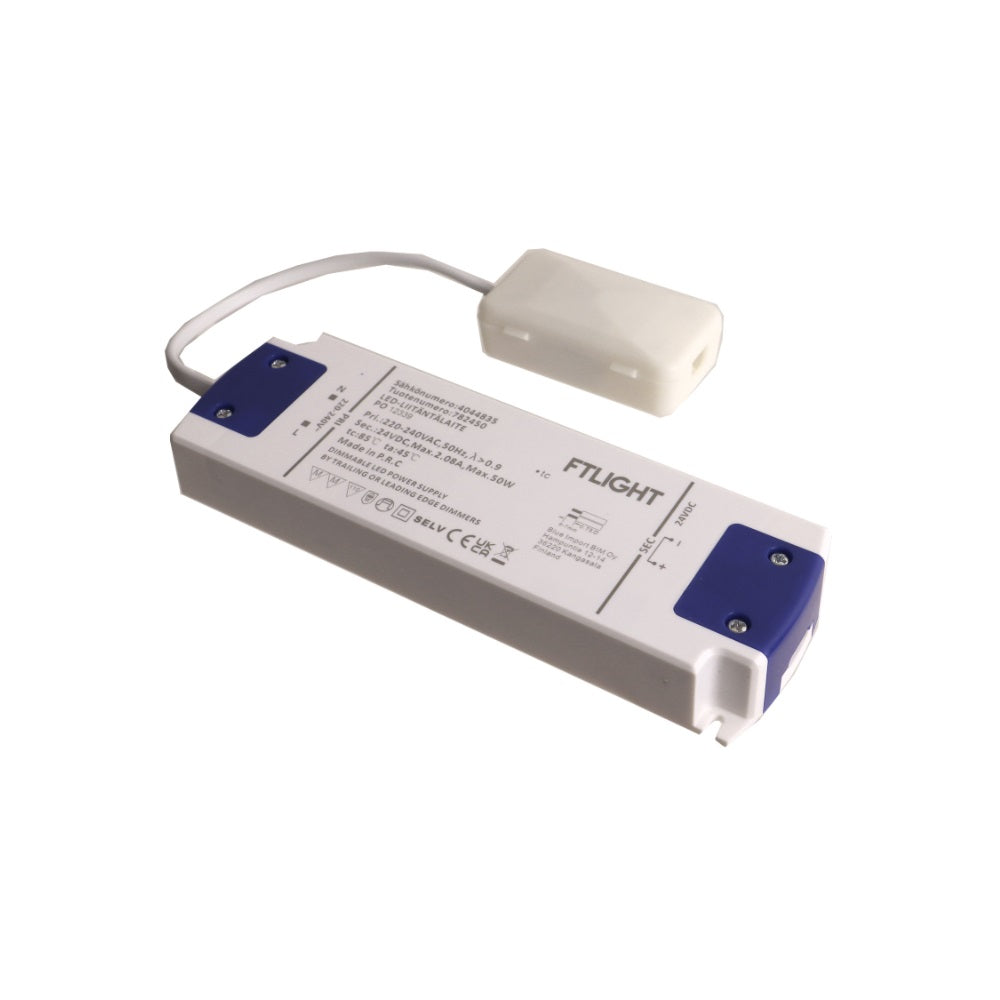 Led-virtalähde FTLIGHT 50W, 24V, IP20, kytkentäboksi, himmennettävä