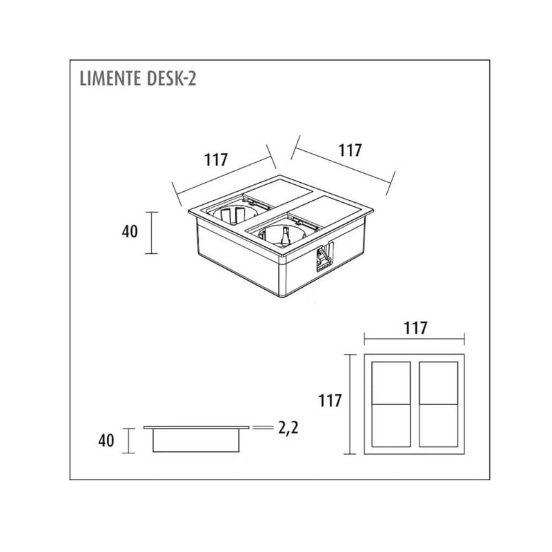 Pistorasiapaneeli Limente Desk-2, 117x117mm, mattamusta