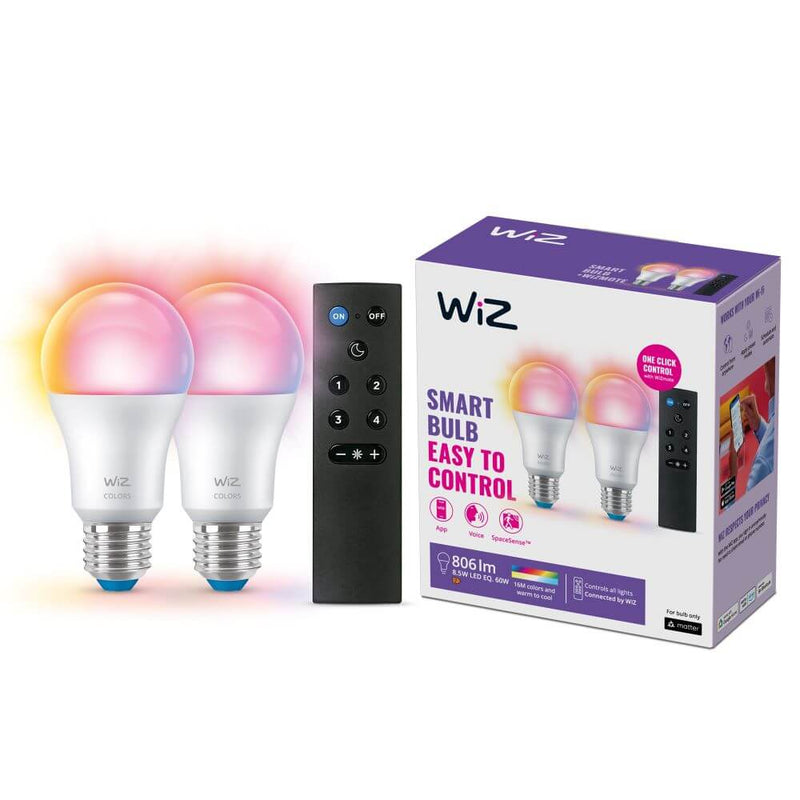 WiZ LED-älylamppu, E27, 806lm, RGBW, WiFi, 2-pack + WiZmote-kaukosäädin