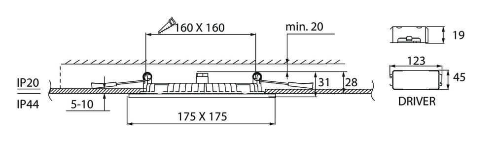 Alasvalo Airam Flat Sq, 12W, 900lm, IP44, himmennettävä, Ø175*31mm